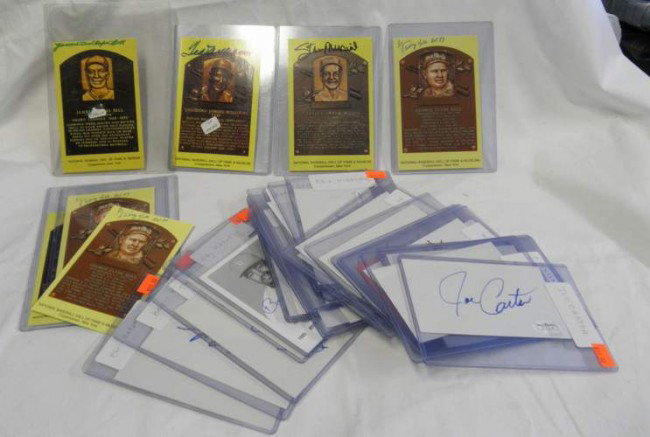 Autograph Baseball Lot: including Hall of Fame Plaques and 24 cut signatures, plaques incl Ted Williams, Stan Musial and James "Cool Papa" Bell
