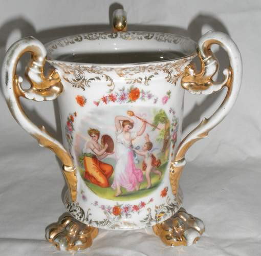 Porcelain Three Handled vase: Porcelain Three Handled hand painted vase, signed Kaufmann