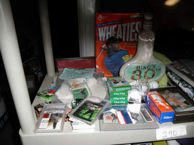 Golf Lot: Michael Jordan golf display, Upper Deck Tiger Woods St. Nicks Classic event used ball marker card, Hawaiian open cap with 5 signature incl Corey Pavin, David Inouye, Greg Nichol, Upper Deck with Tiger