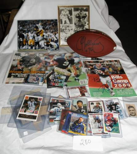 Misc Football autographed lot: including Gene Upshaw, Michael Vick, Archie Manning, Steve Van Buren, Bullet Bill Dudley, Phil Simms, Full size cerified "Frug" Perry football