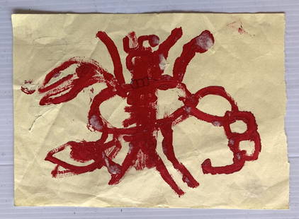 JEAN MICHEL BASQUIAT "Red Scorpion"Urban Art, Graffiti, Street Art: Jean Michel Basquiat "Red Scorpion". Oil paint on yellow paper. Paper size measures 5" x 7" in. Signed verso by Basquiat in pencil. This drawing comes from the collection of Robert Murphy and was