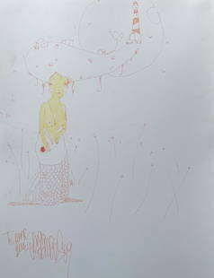 OS GEMEOS - "Untitled" Drawing . Urban Art, Graffiti, Street Art: OS GEMEOS "Untitled" Drawing. Rendered in light marker on light card stock, (not faded) Just light colors. Signed and dedicated "Bode" lower left from 2009. Paper size measures 13.5"x 10.5" inches. Co