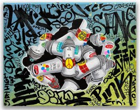 LADY PINK "Vintage Cans and Tags" Painting - Urban Art, Graffiti, Street Art