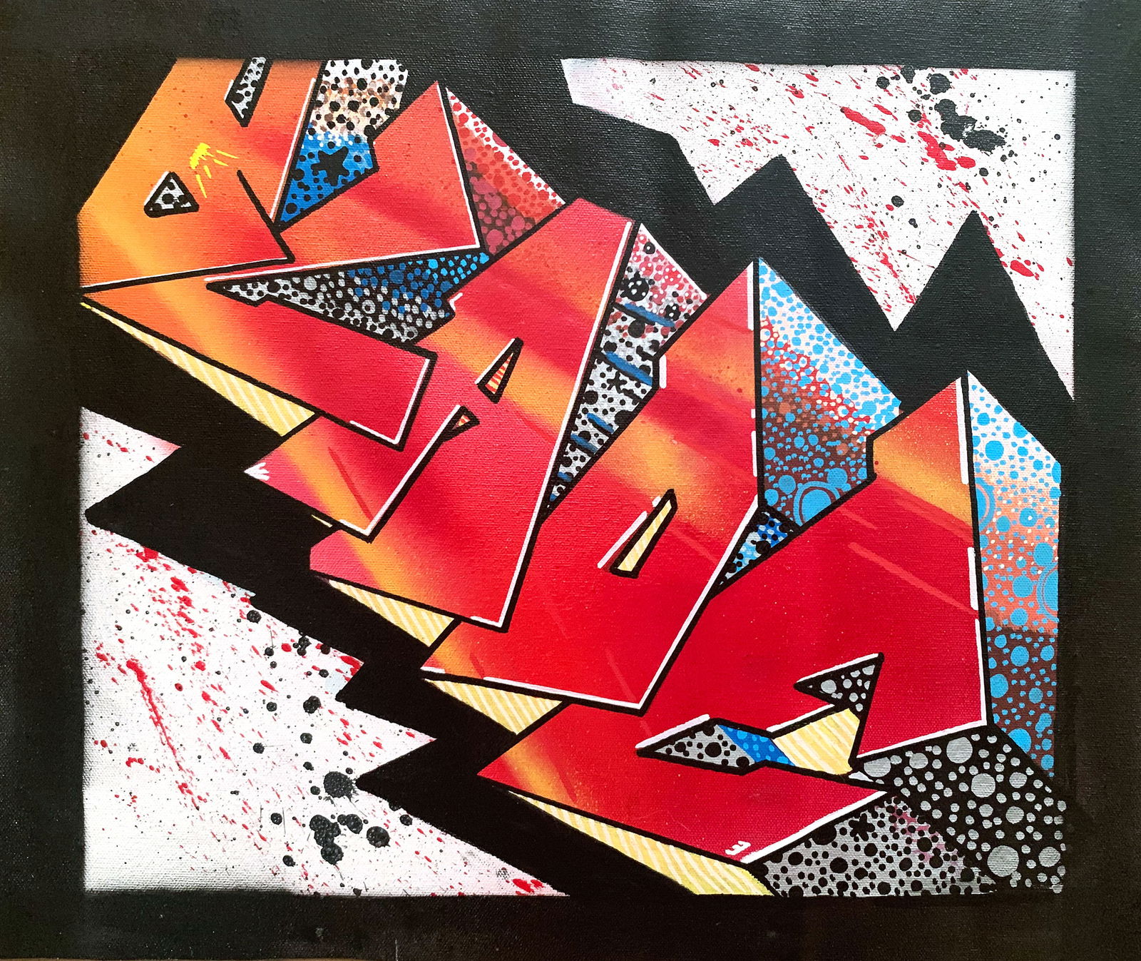 BLADE - "Fire"- Painting - Urban Art, Graffiti, Street Art: BLADE - "Fire"- Painting, Spray Paint/Marker on canvas measures 15" x 18" Inches, comes unstretched . signed and titled Verso from 2024. A little gem suitable for Framing or stretching !.Comes with a
