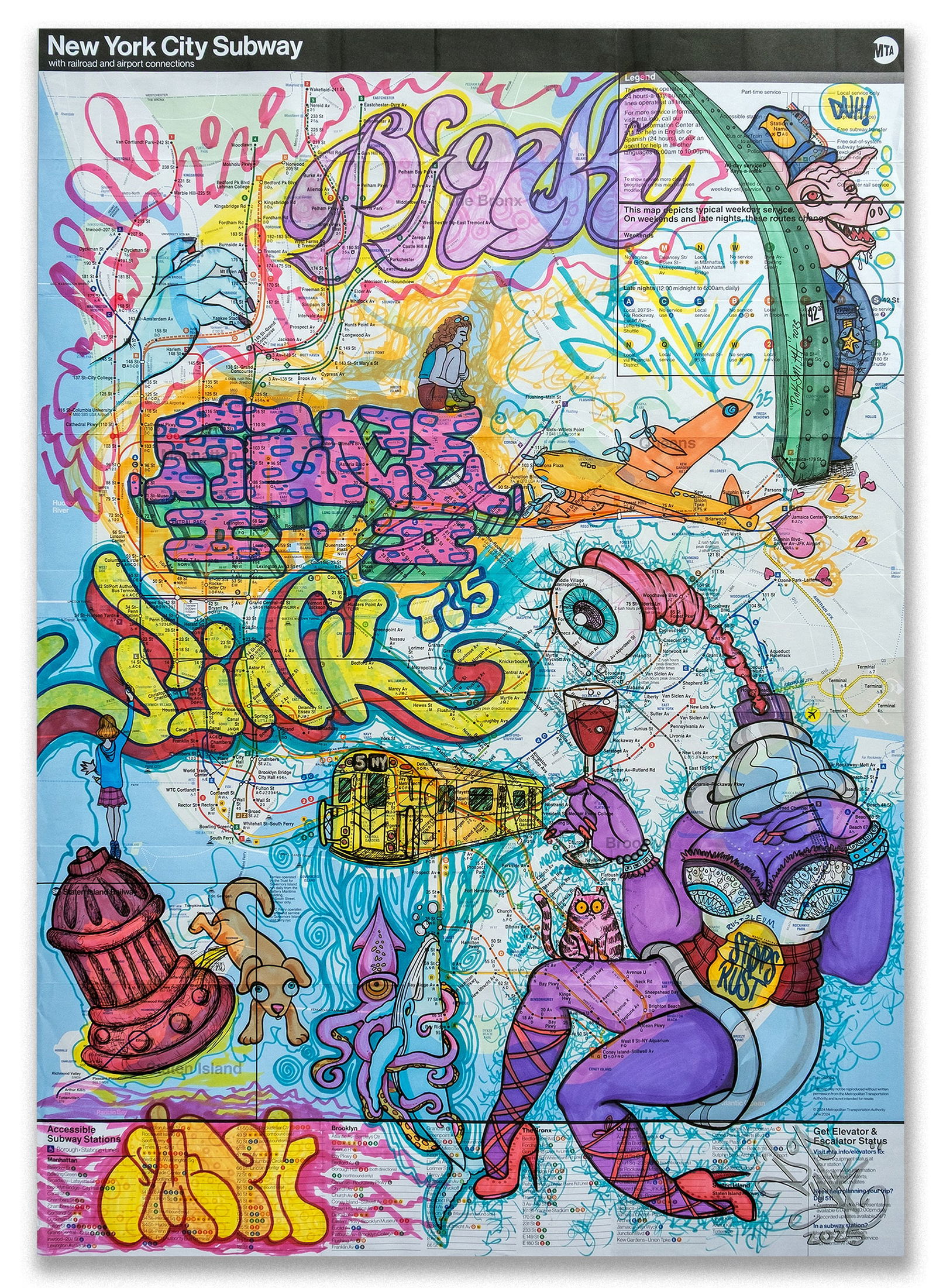 LADY PINK - "PINK SUBWAYMAP 3"- Urban Art, Graffiti, Street Art: LADY PINK - "Pink Subway Map 3". Acrylic aerosol and marker on NYC Subway Map. . Measures 32" x 23" Inches. Signed and dated 2025. Comes with a COA from Dirtypilot.Ships rolled in a heavy duty tube.