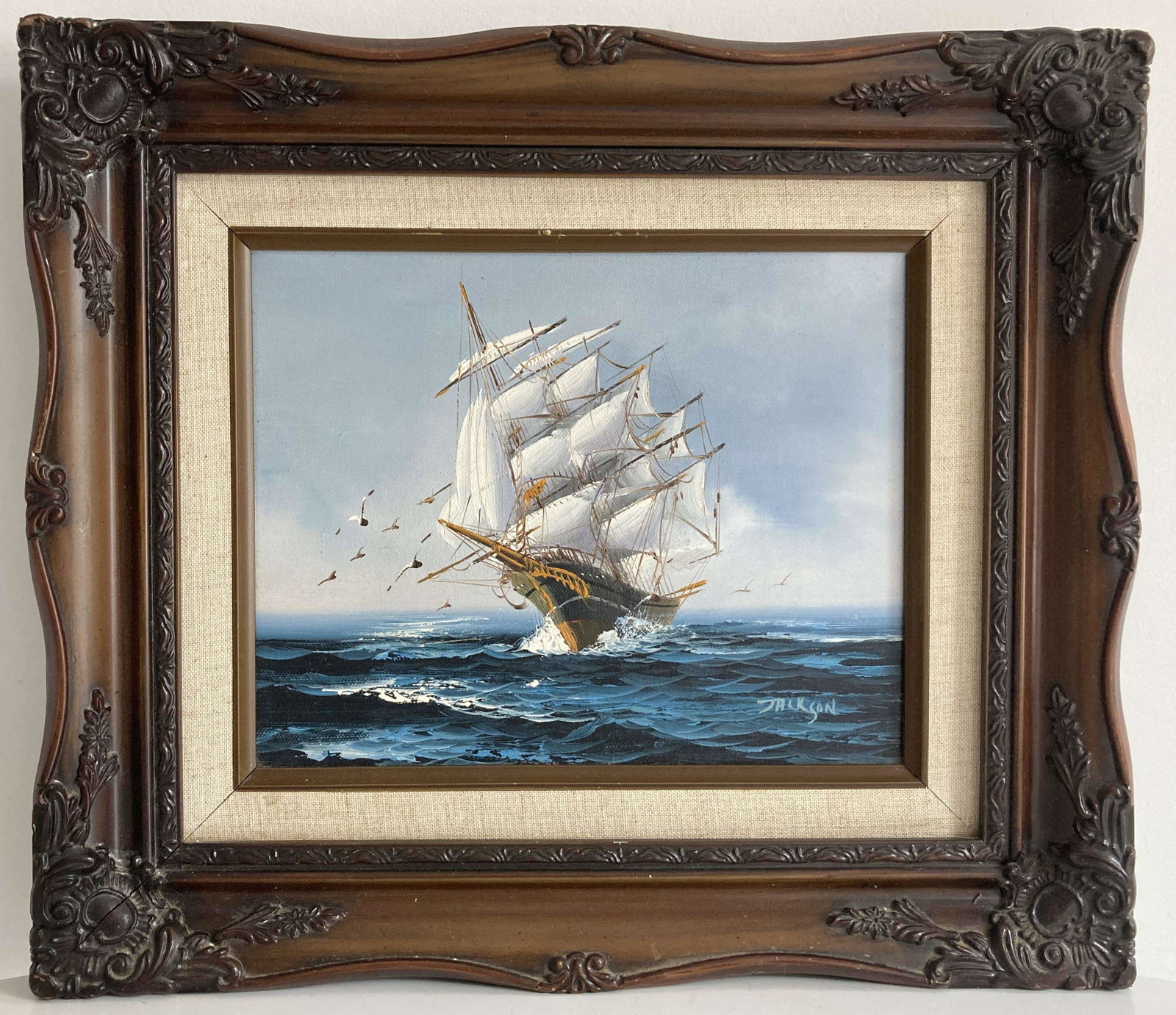 Sailing Boat in Ocean Signed by Jackson 8x10: * Titile: Sailing Boat in Ocean Signed by Jackson 8x10 *Painting Size: 8x 10 inches, Overall Size: 13-1/2 x 15-1/2 inches * Medium: Oil on Canvas * Condition: Great