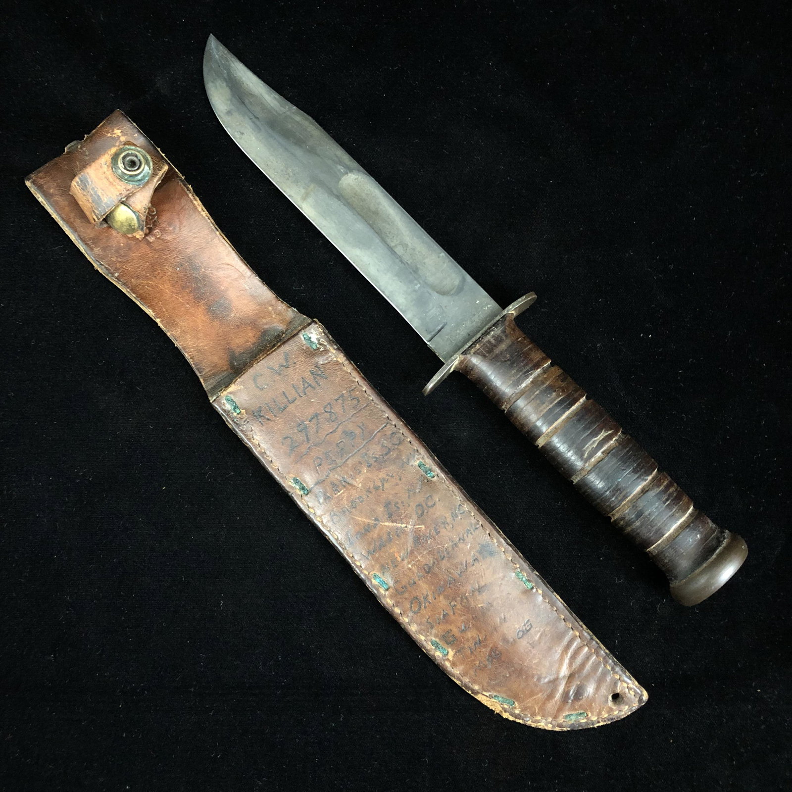 WWII USMC Kabar Mk2 Tour Of Duty Named Sheath: One for the text booksâ€¦ early peened pommel USMC Blade marked parkerized kabar mk2 in 1943 dated boyt usmc leather sheath named to a C.W. Killian 297875 Peppy who carved his duty tour into his s