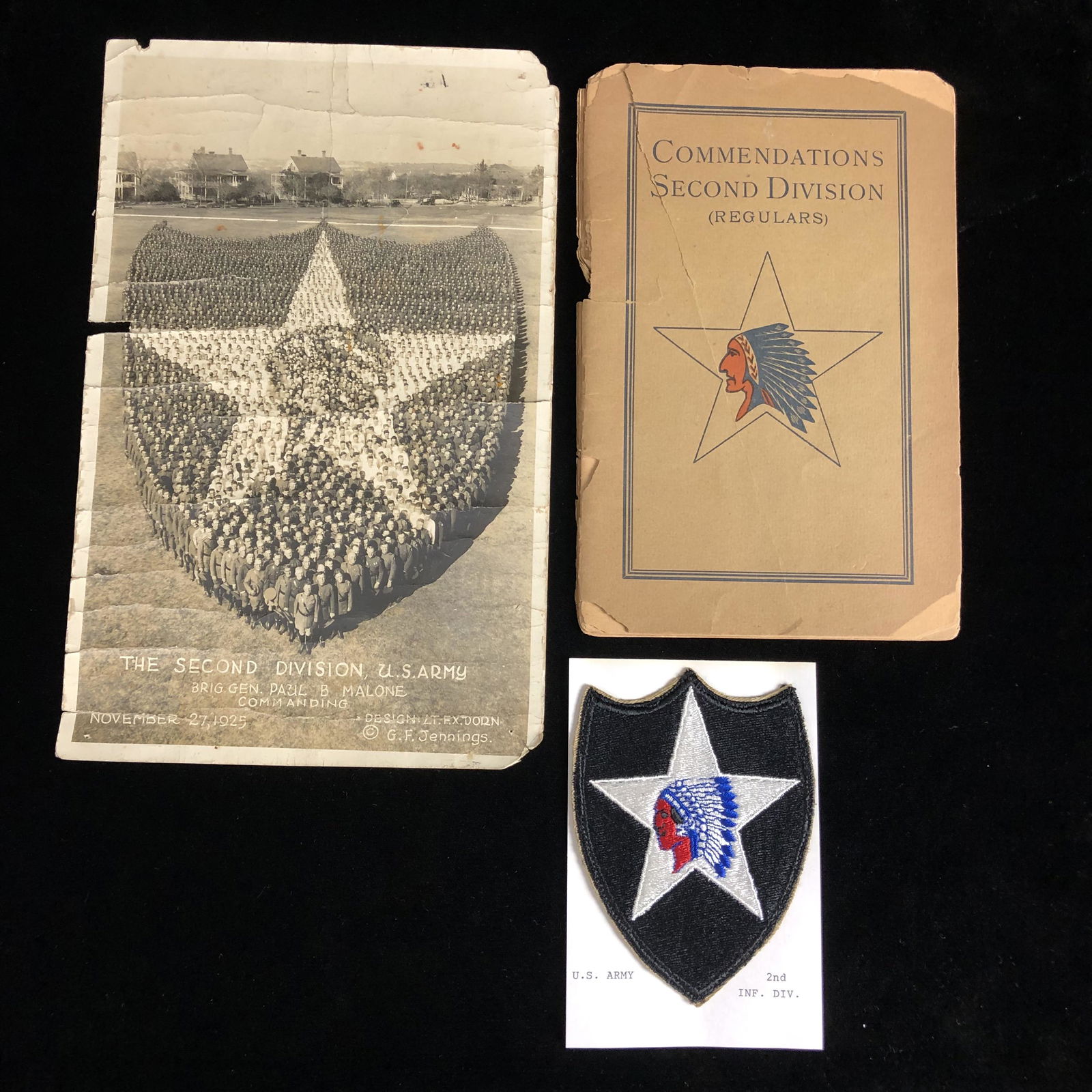 WWI WWII 2nd Div Infantry Indian Head Military Army: WWI 1920s and WWII US 2nd infantry division lot of wwi commendation book original 1925 panoramic photo and WWII shoulder insignia patch. As is condition.