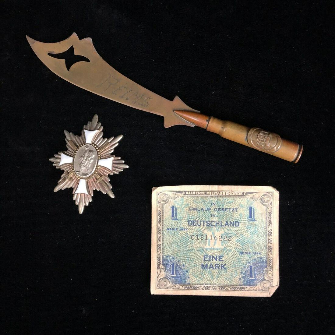 WWI German Bullet Trench Art Knife Hamburg Medal Lot: WW1 Imperial German Enamelled Field Honour Hamburg Cross Award Star Feld Ehrenzeichen. Maker marked Dentzchez feld ChrenzeichenGes Gesch Hamburg 11.Also a bullet knife trench art letter opener imperia
