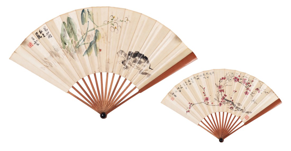 Wang Meng-bai-Slanted Plum Branches and Longevity of Turtle: 王夢白,梅枝橫斜 龜壽圖 19*51cm,color on paper, fan