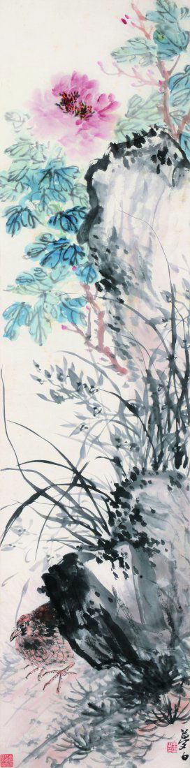 Wang Meng-bai, Bird-flower Painting: 王夢白,花鳥 132*32.4cm,color on paper, hanging scroll