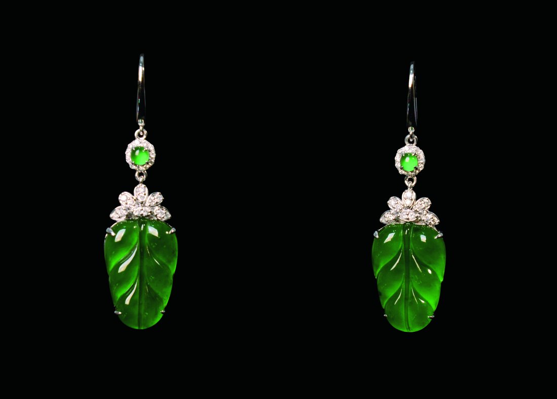 18K Glass Jadeite Leaf Shape Earrings (1 of 1)