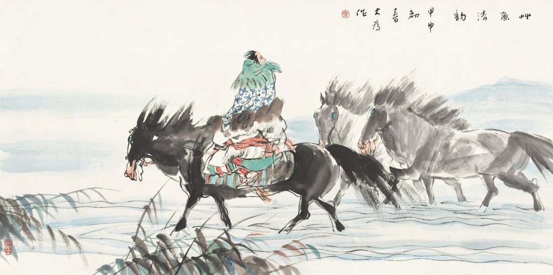 Qingyun of the grassland, Liu Dawei: 草原清韻 劉大為 67.2×135.5cm Color on paper 設色紙本 Mounted 鏡片