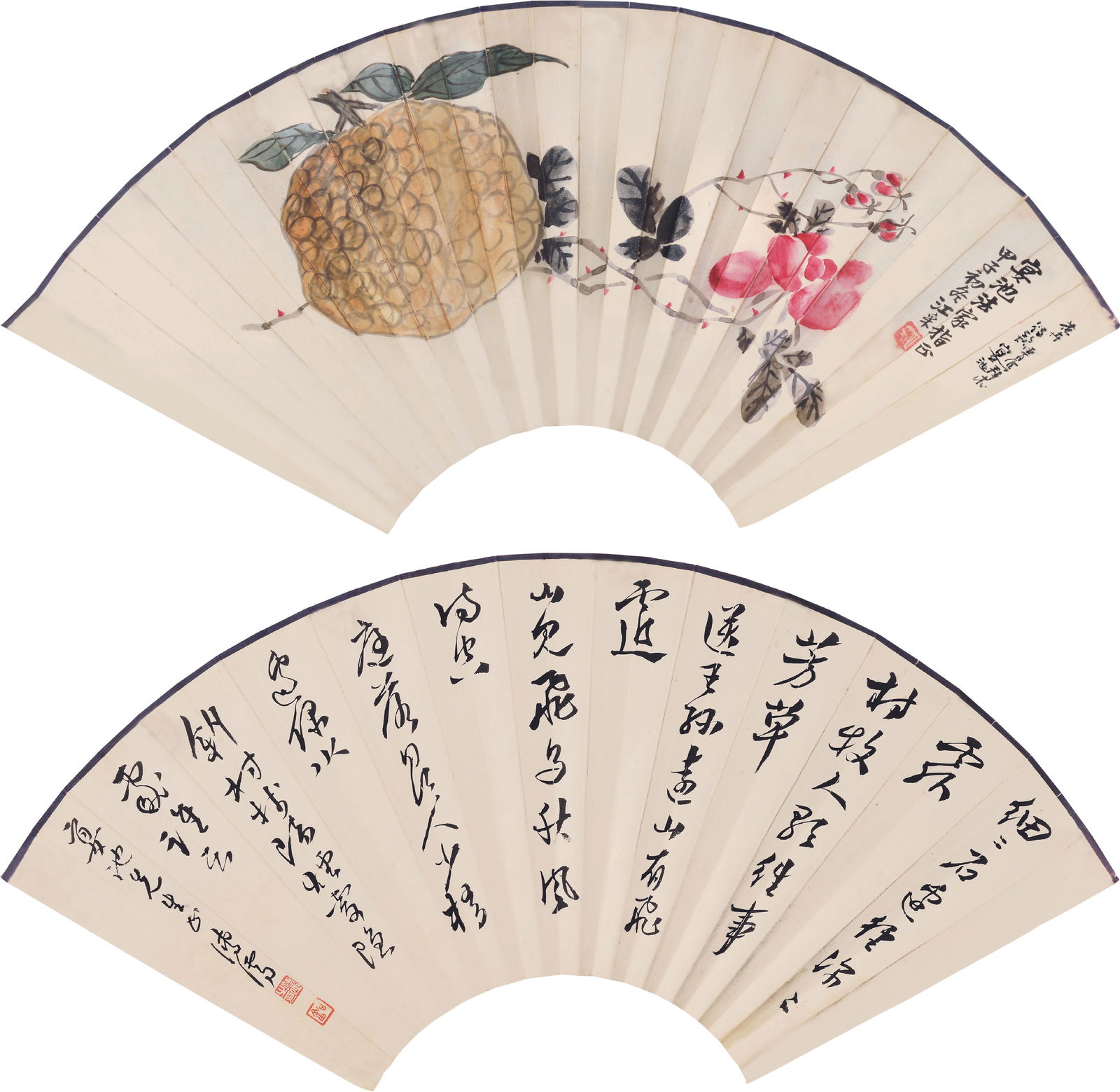 Fan, Pu Ru (1896-1963)/ Jiang Cai(1901-1986): 溥儒/江采,書法/花卉扇面 鈐印：江采；溥儒之印(白)心畬(朱)