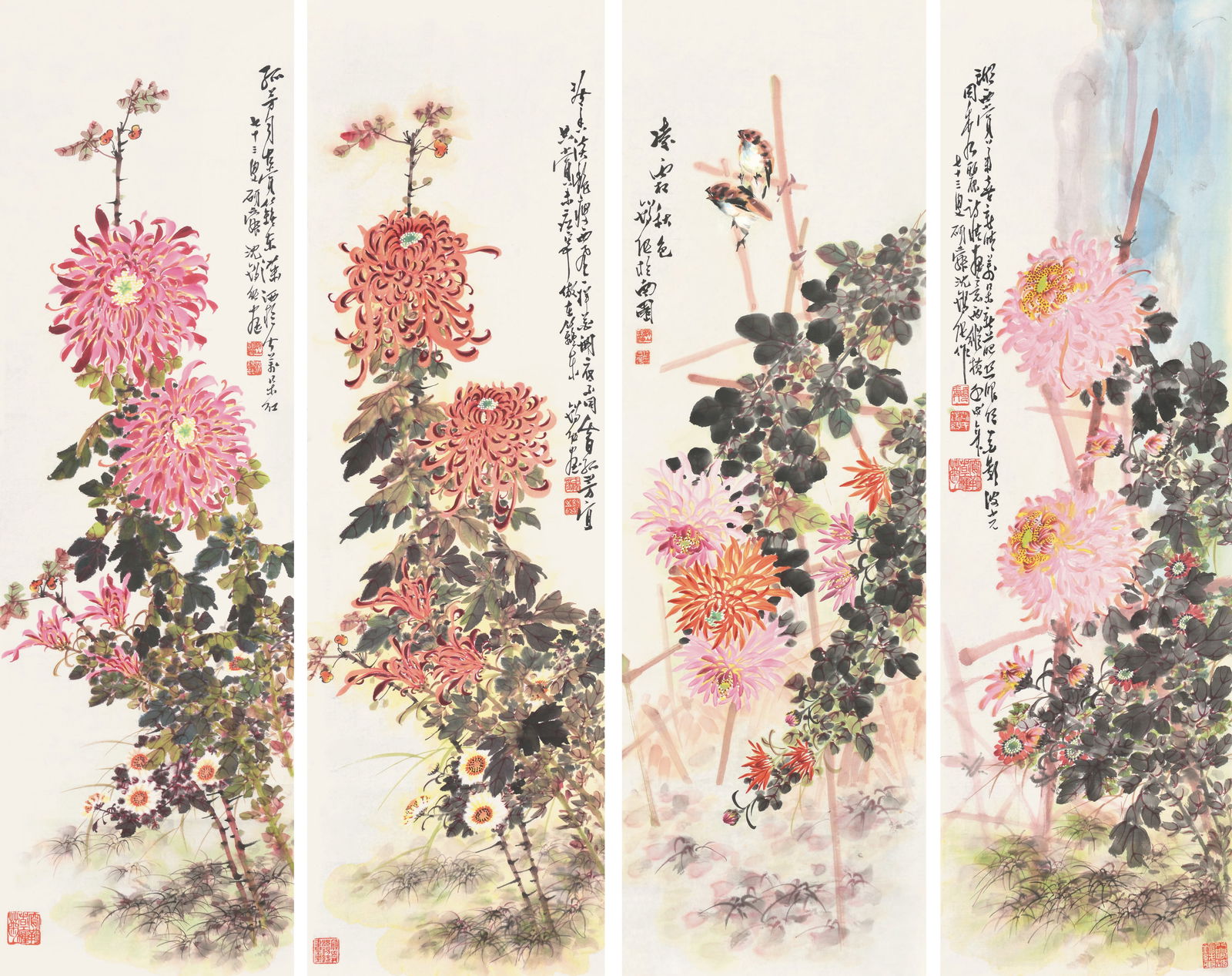 Set of Four Hanging Scrolls depicting flowers, Shen Xichun(1910 —2008): 沈錫純,菊花四屏 鈐印：碩舜（朱）沈氏錫純（白）寫菊್