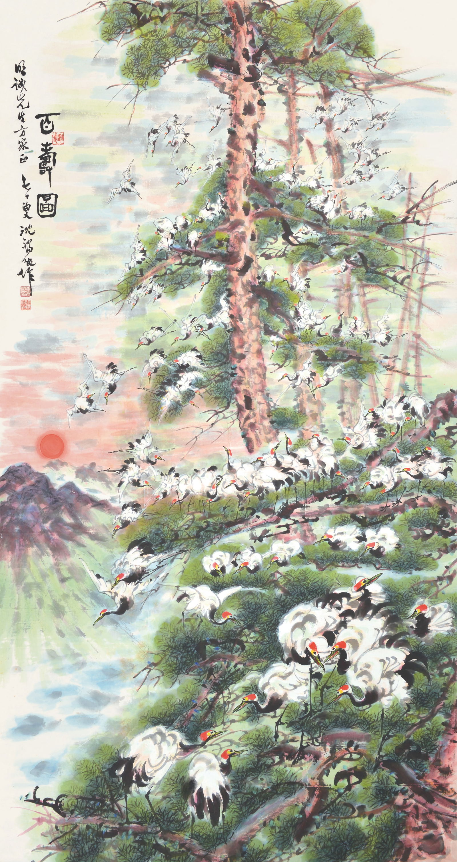Cranes ,Shen Xichun(1910 —2008): 沈錫純,百鶴圖 鈐印：鶴壽（朱）八閩丹詔沈錫純（朱）ߍ