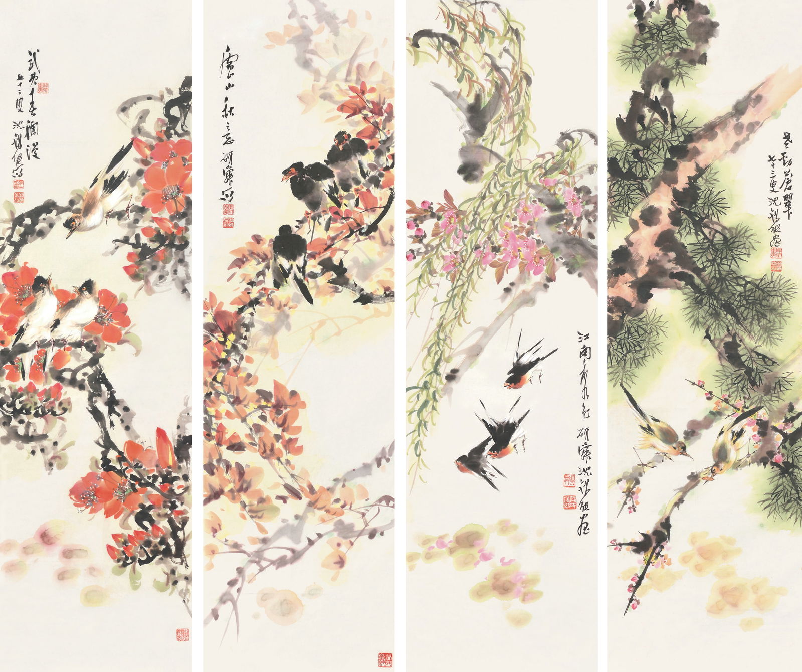Set of Four Hanging Scrolls depicting birds and flowers Shen Xichun(1910-2008): 沈錫純,花鳥四屏 鈐印：碩舜（朱）沈氏錫純（白）碩舜૚