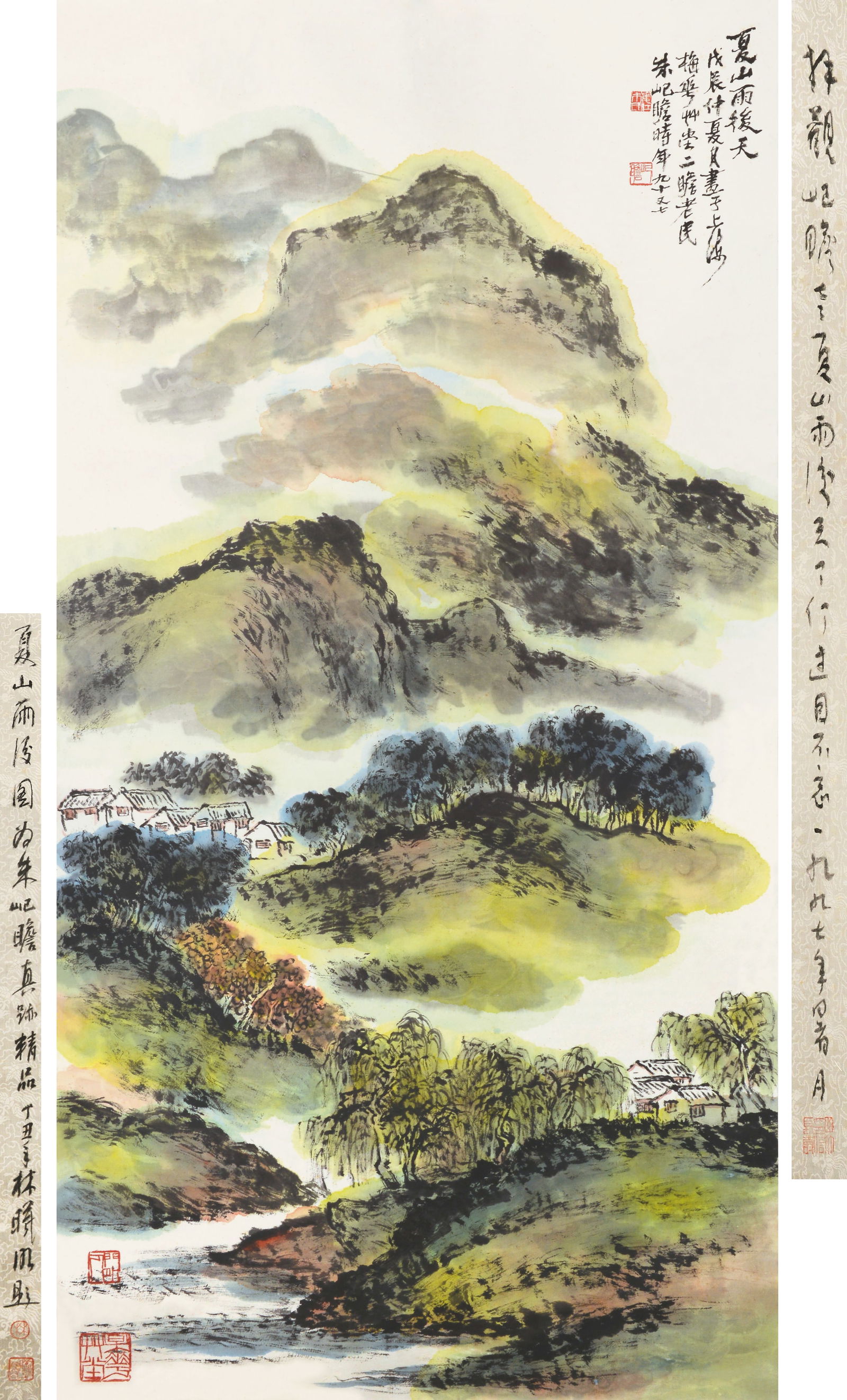 Landscape Painted by Zhu Yizhan (1892-1996)/ Inscribed by Lin Ximing: 朱屺瞻畫/林曦明題,夏山雨後圖 鈐印：婁江朱氏(白)、屺瞻(&#