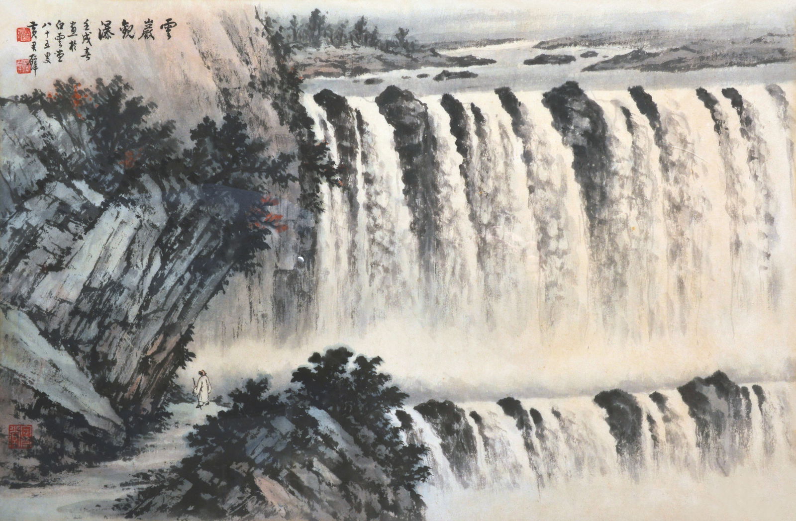 Landscape Huang Junbi(1899—1991): 黃君璧,雲巖觀瀑 鈐印：黃君璧印(朱)、君翁(白)、白雲堂(白)