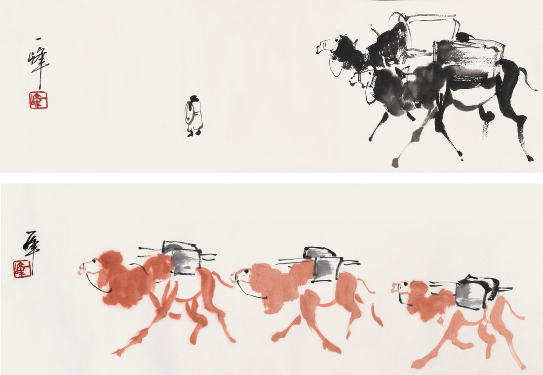 Camels, Yi-Feng GAO: 高一峰,駱駝二楨 25×69cm/21.6x68.5cm Inscription：一峰/一峰