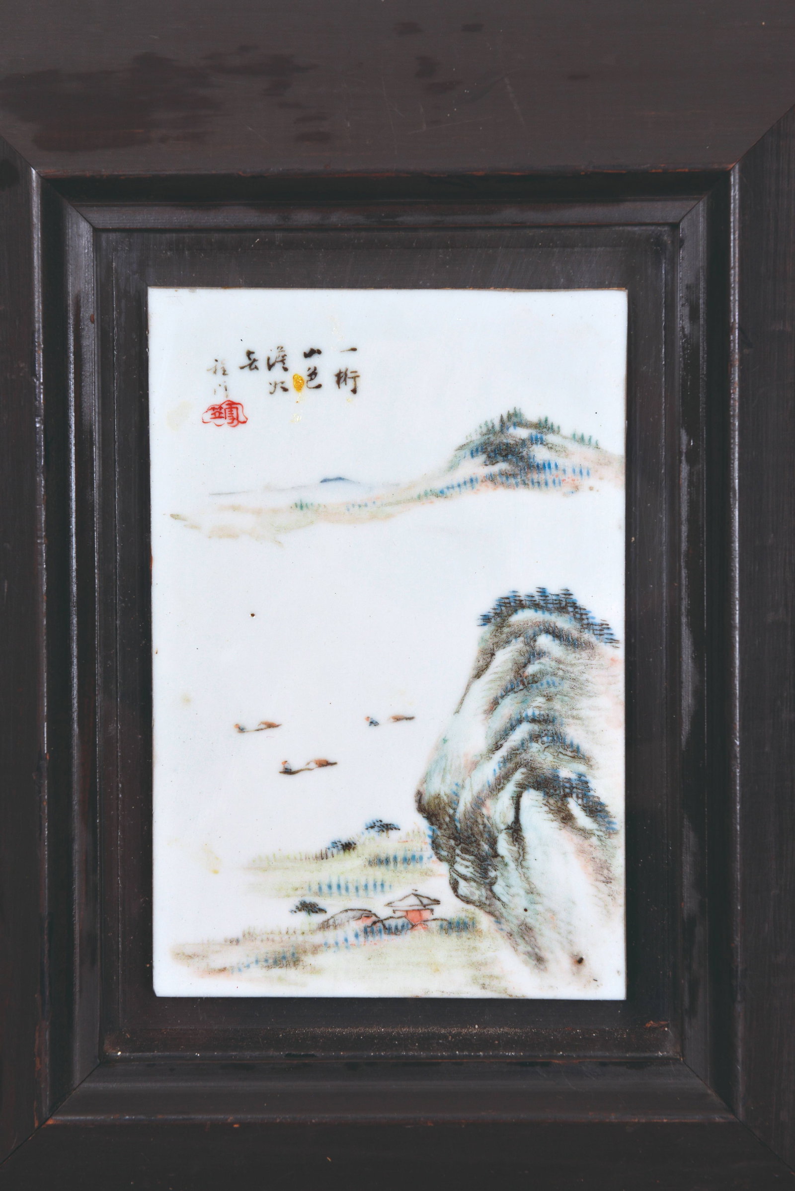 Landscape Porcelain Plaque,Cheng Men: 清 程門 山水瓷板 款識:一桁山色澹如去，程門。