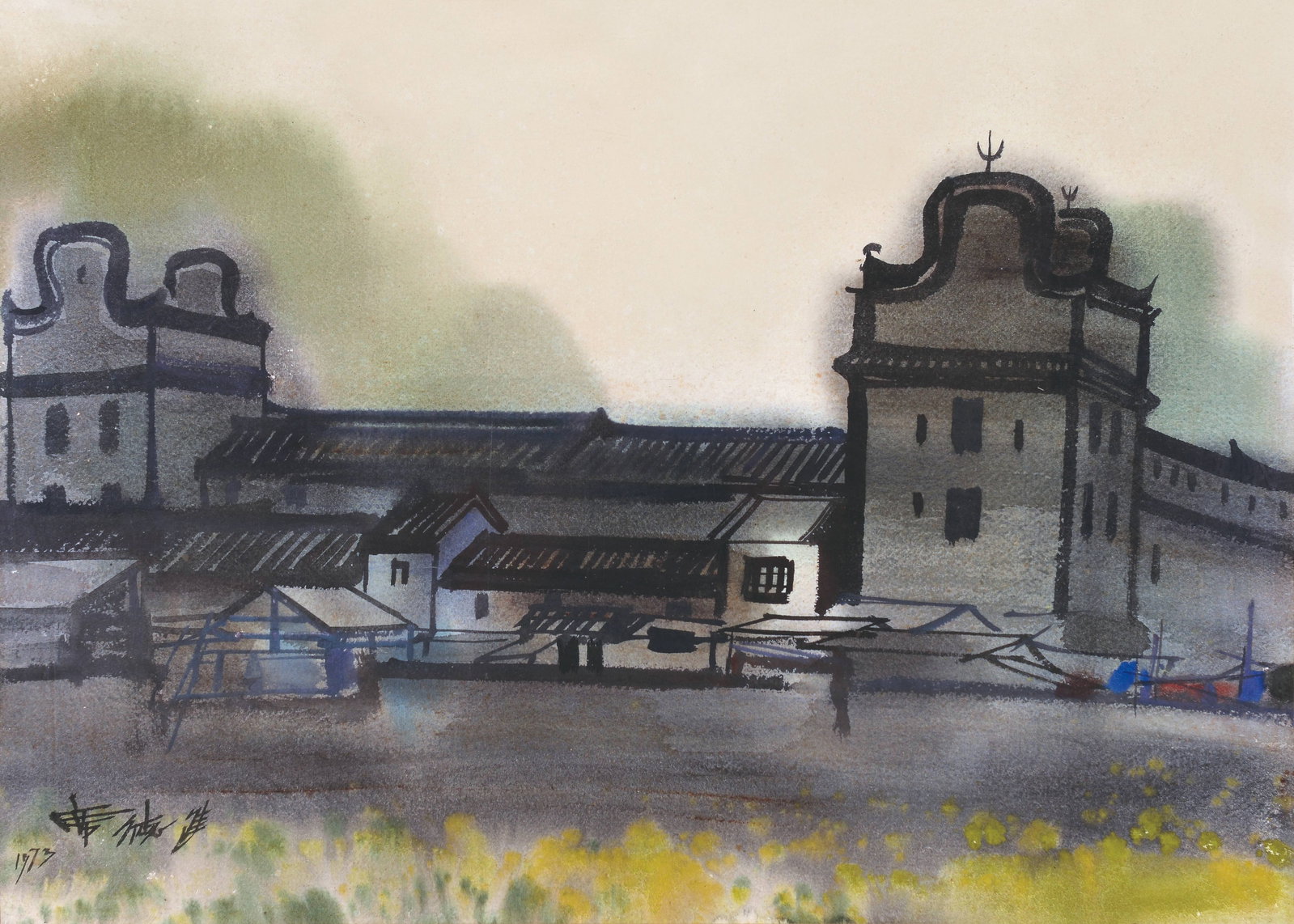 Landscape,Xi DeJin: 席德進 沙田曾家古屋 款識：席德進1973