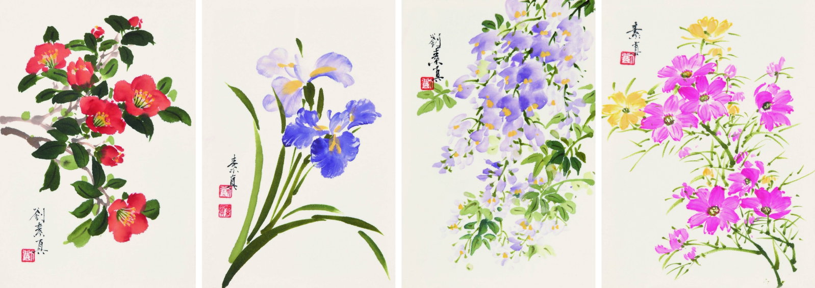 Flowers of the Four Seasons,Liu Su Zhen: 劉素真 四季花卉 款識：劉素真、素真。 鈐印：劉（白）ŀ