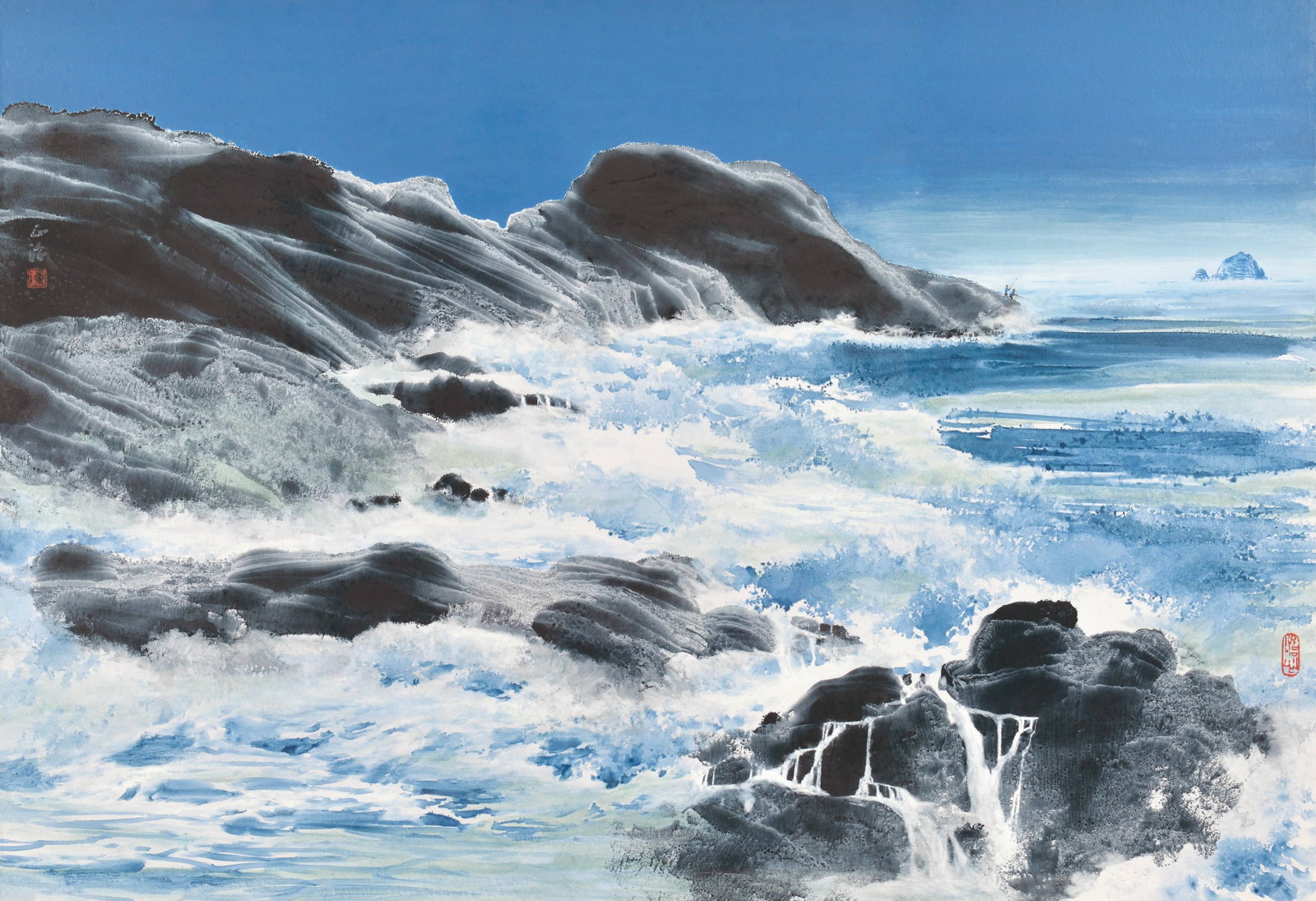 Distant View of Keelung Islet,Chen Zheng Zhi: 陳正治 基隆嶼遠聎 款識：正治。 鈐印：陳(白)
