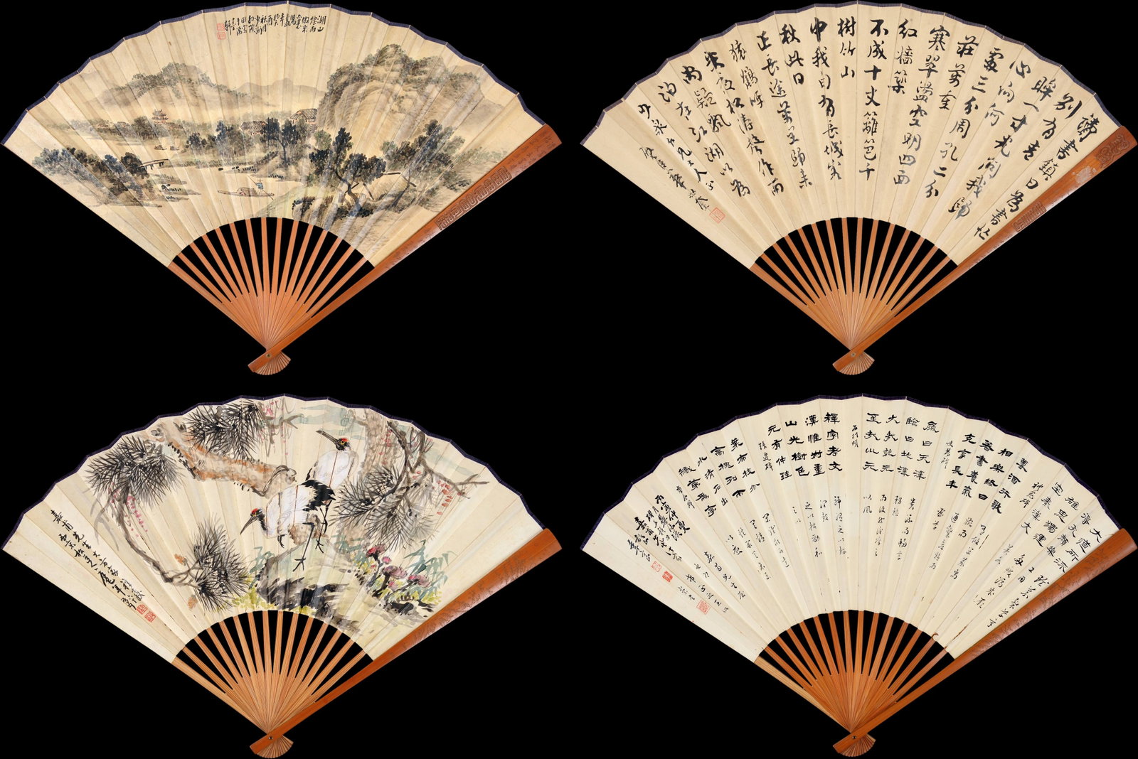 Folding Fans,various artists: 華世奎/孫蔭田/ 季守正/丁鑒波/王汝崇 一字一畫二把 扇骨款&