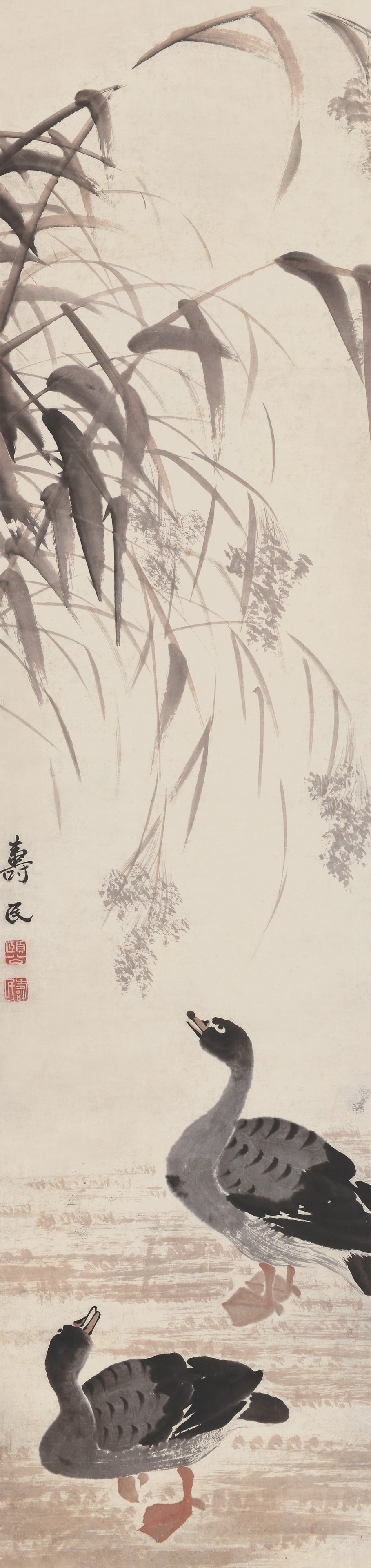 Geese and Rushes,Bian Shou Min(1864-1752): 邊壽民 蘆雁 款識：壽民。 鈐印：頤公(白)壽民(白)