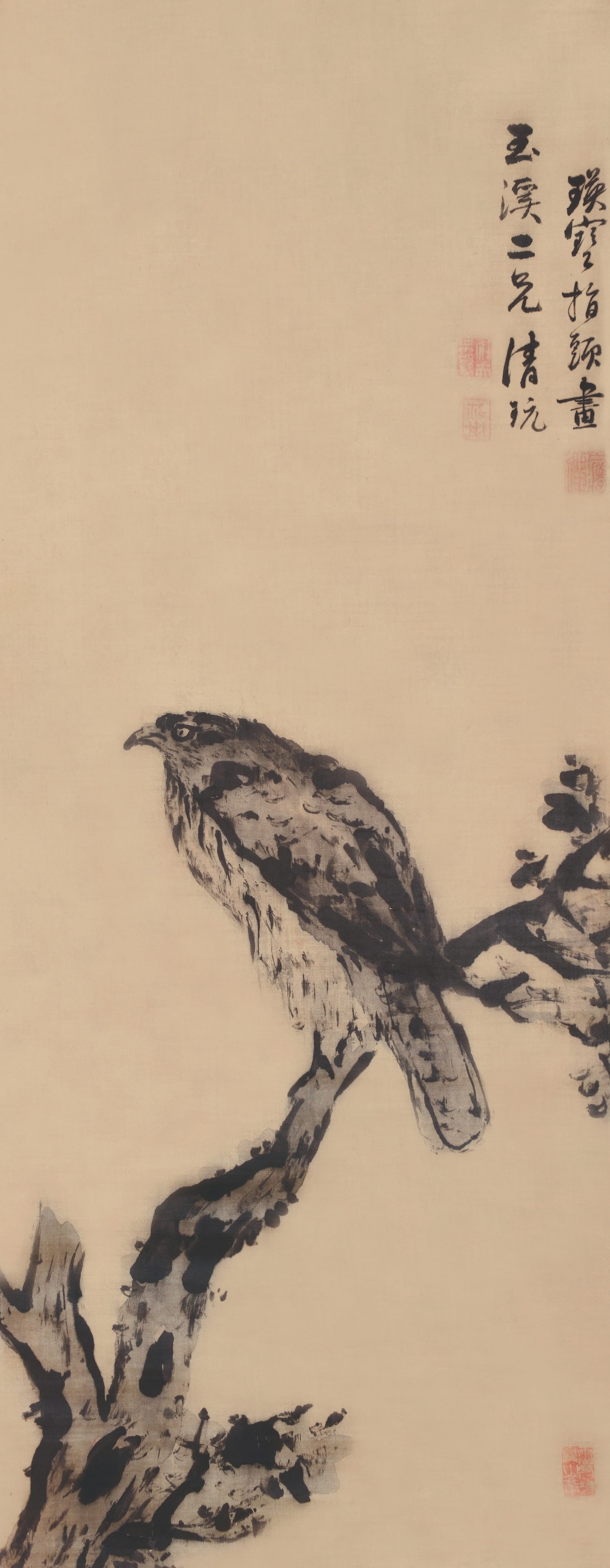 Eagle,Wang Ying Bao: 王英寶 指頭畫 款識:瑛寶指頭畫玉溪二兄清玩。 鈐印:夢禪(&#