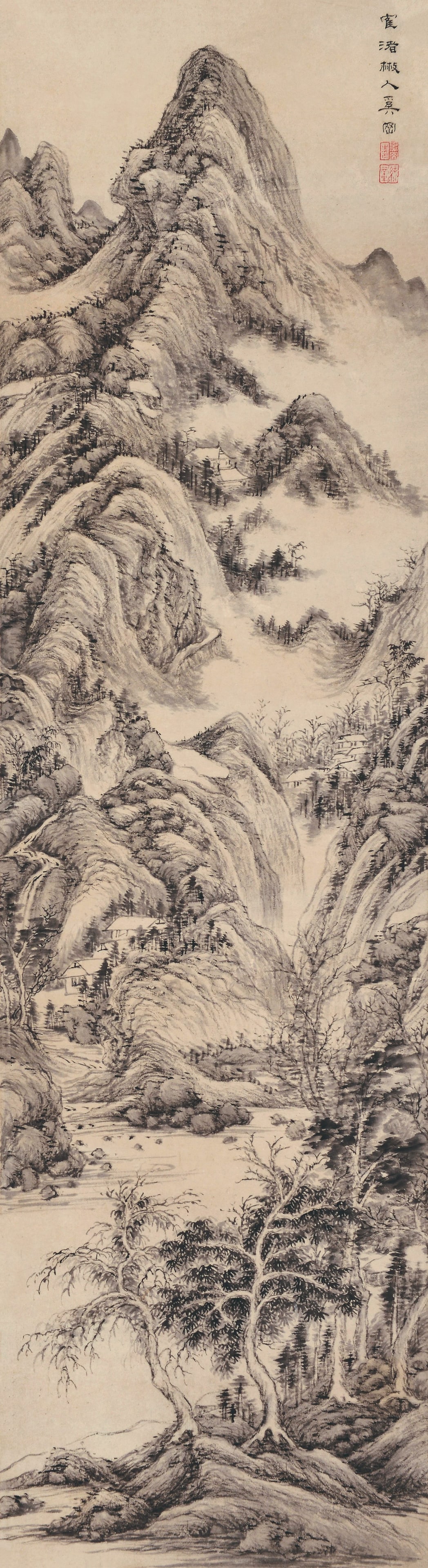 Landscape,Xi Gang(1746-1803): 奚岡 山水 款識：鹤渚椒人奚岡。 鈐印：奚岡之印(白朱)純