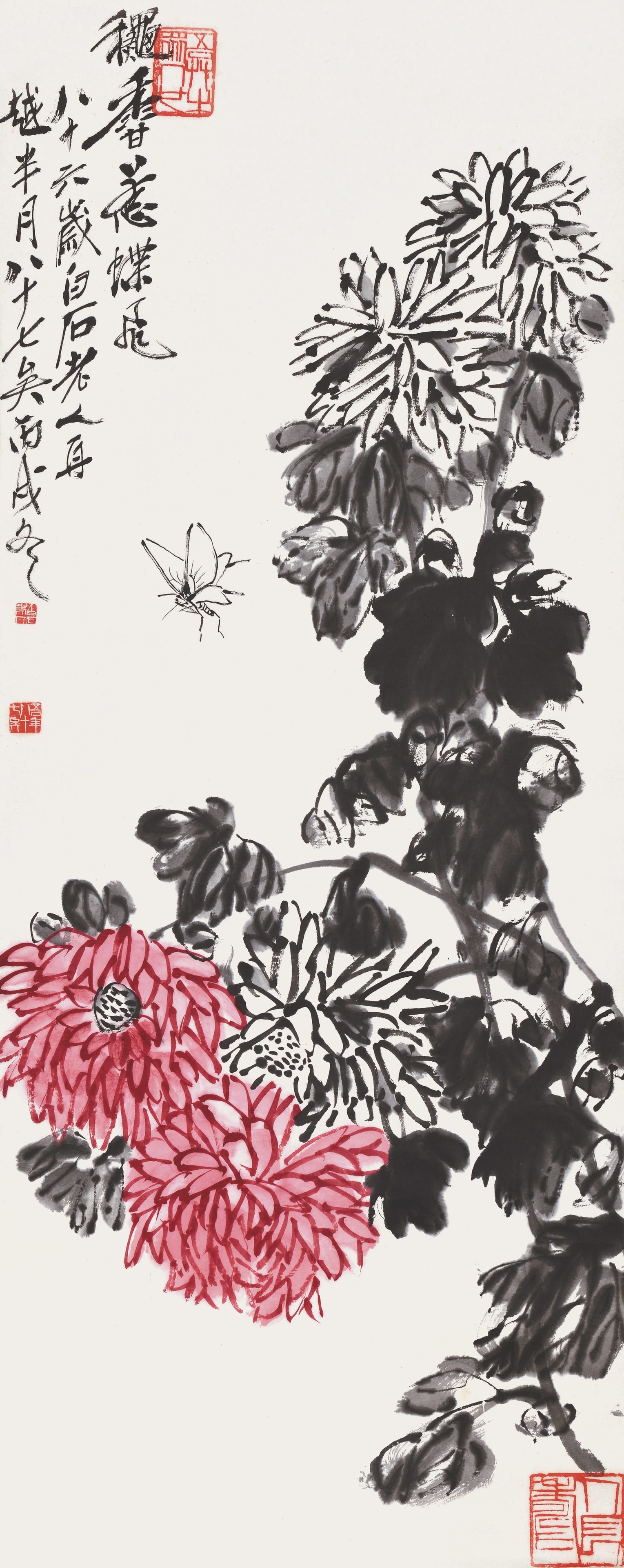 Chrysanthemums,Qi BaiShi: 齊白石 秋香惹蝶飛 款識：秋香惹蝶飛。八十六歲白老人ࠧ