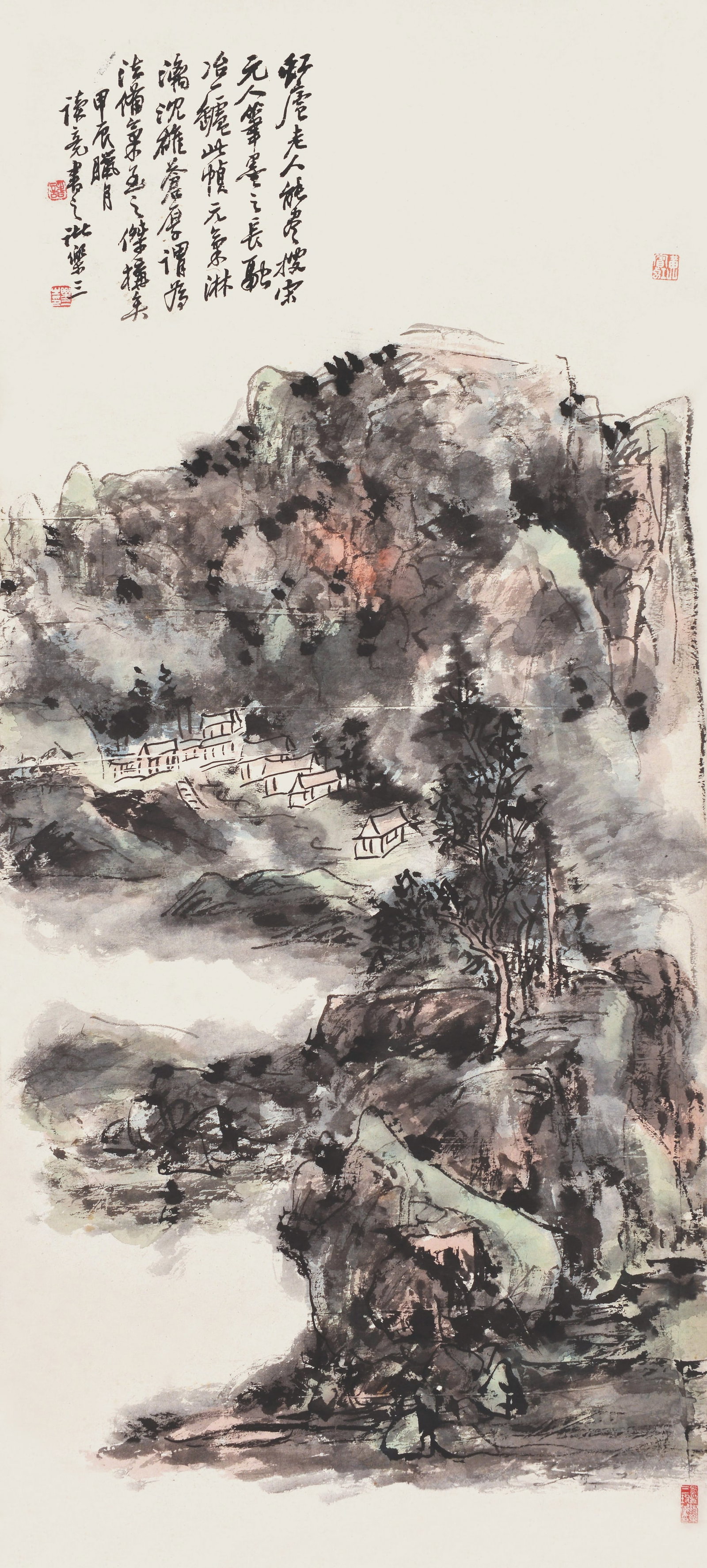 Landscape,Huang BinHong: 黃賓虹山水 諸樂三 題跋 款識：甲辰臘月讀竟書之批樂三z