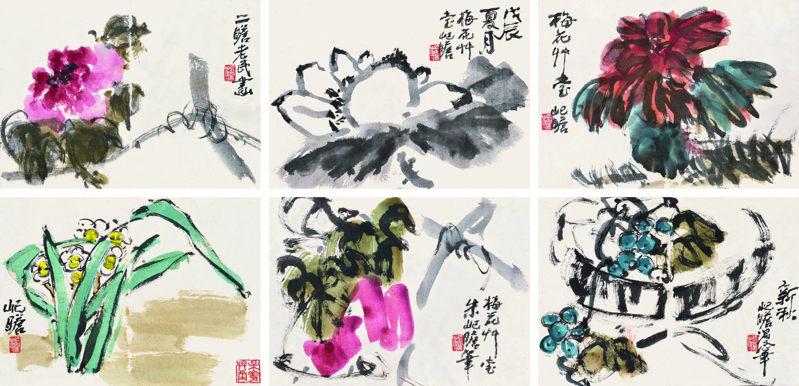 Album,Zhu QiZhan(1892-1996): 朱屺瞻 10幅花卉畫冊 款識：梅花草堂屺瞻/佳果屺瞻/戊辰夏&#