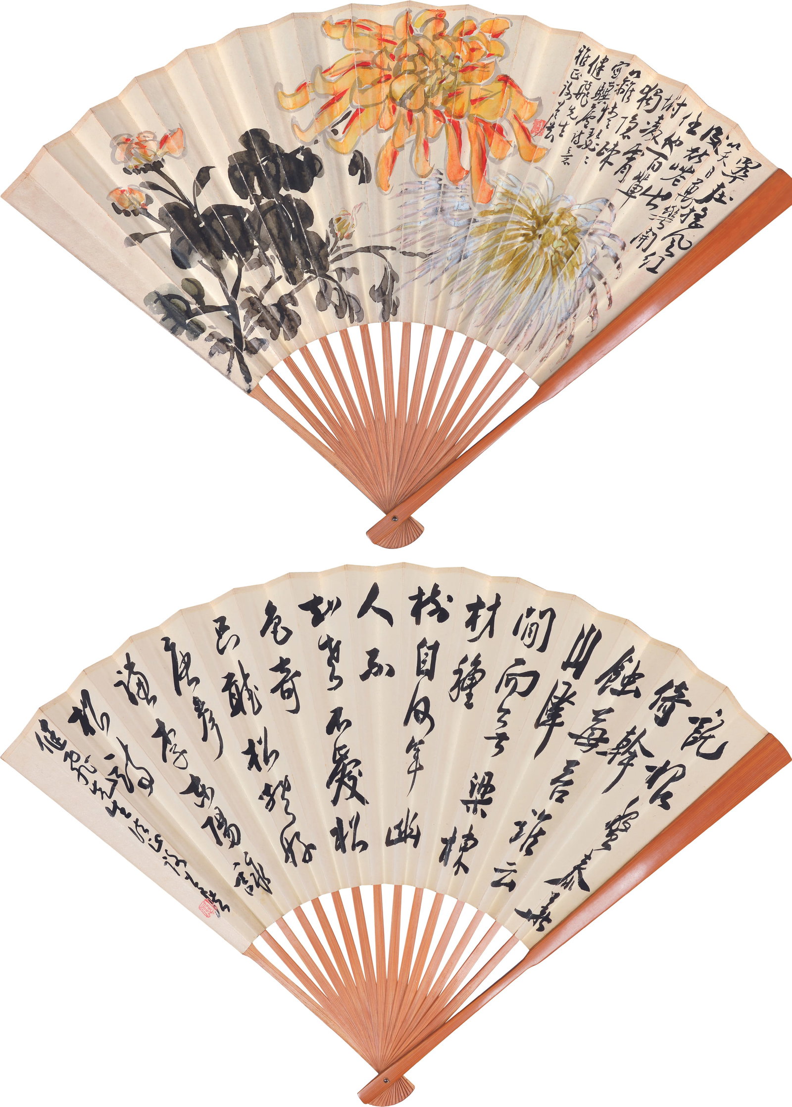 Fan,Xie GongZhan(1885-1940): 謝公展 一書一畫扇 款識：寫驥廬詩意，健飛先生雅正，෩
