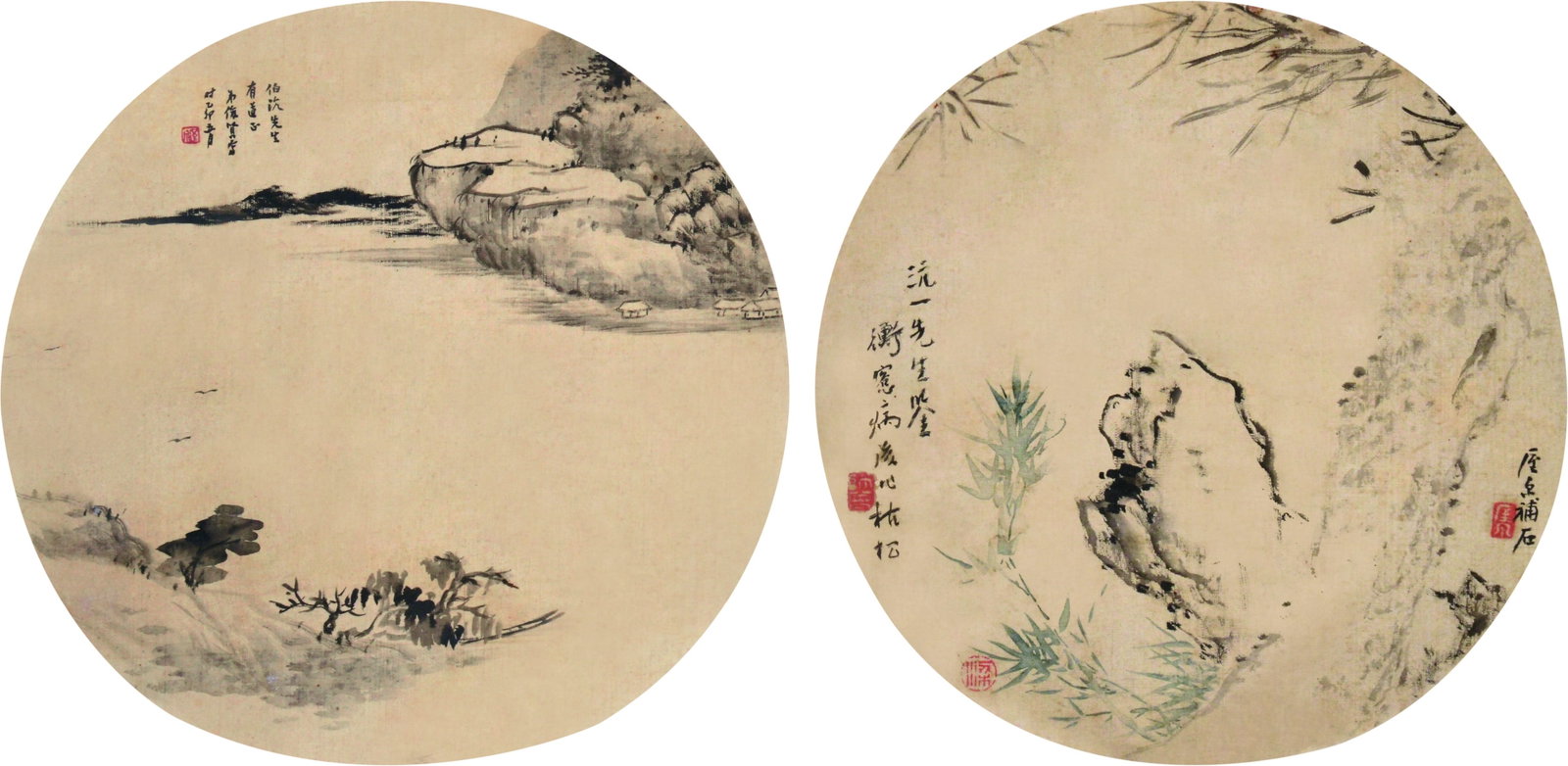 Round fan,ChenShiZeng/XiaoJunXian: 陳師曾/蕭俊賢 山水團扇 款識：伯沆先生有道正，弟俊賢ë