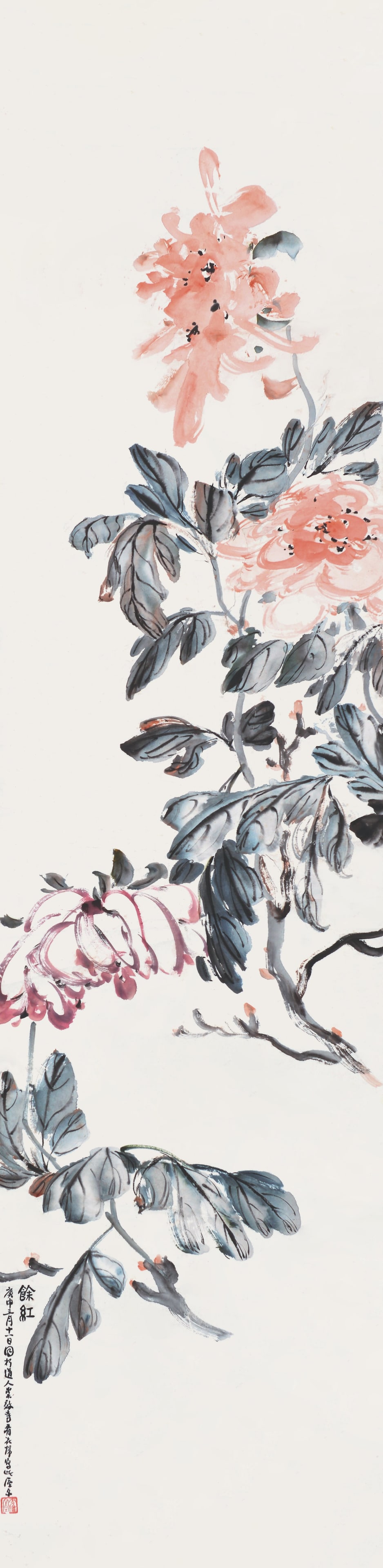 Flowers,Xiao JunXian(1865-1949): 蕭俊賢 餘紅 款識：庚申三月十一日同朽道人崇效寺看花િ