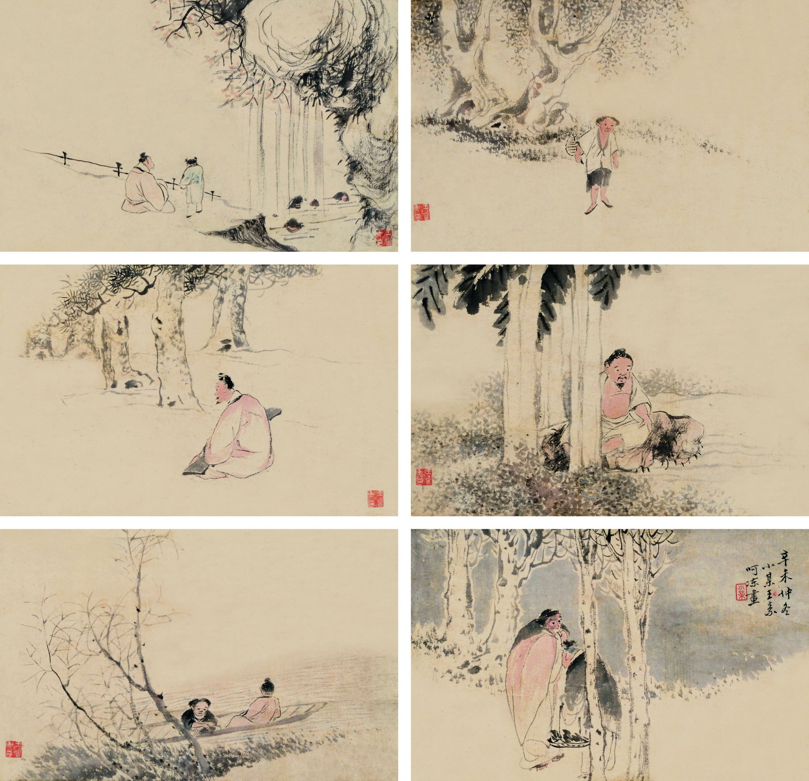 Portrait,Wang XiaoMou: 王小某 人物對屏 款識：辛未仲冬小某王素河凍畫。 鈐印ʍ