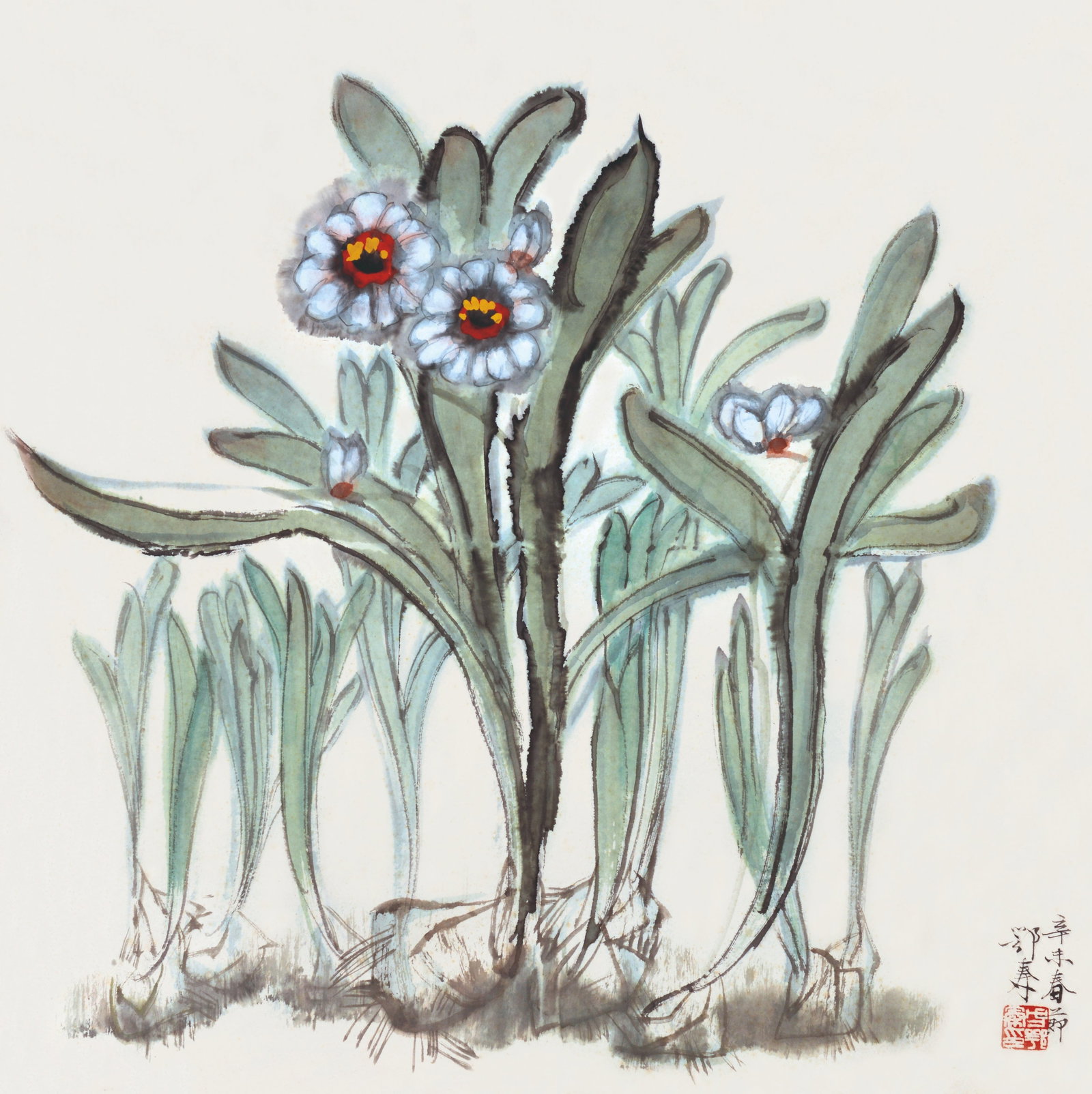 Narcissus, Fang Eqin: 方鄂秦 水仙 款識：辛未春節鄂秦。 鈐印：方鄂秦印(白)