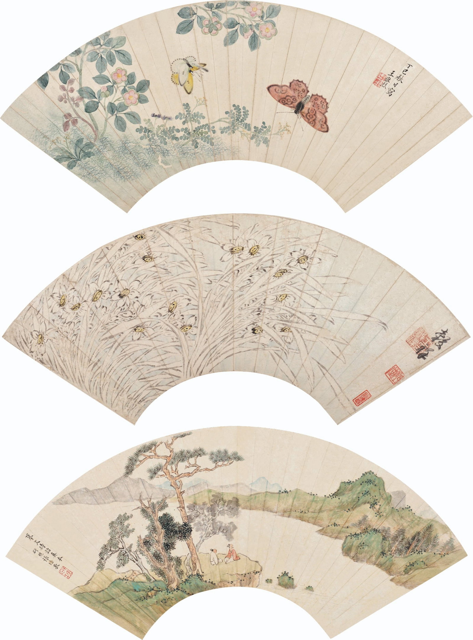 3 Fans,Zhang PeiDun/Wang WeiLie/WangGuXiang: 王維烈/王榖祥/張培敦 扇面三幅 款識:丁丑秋日寫王維烈。/&#