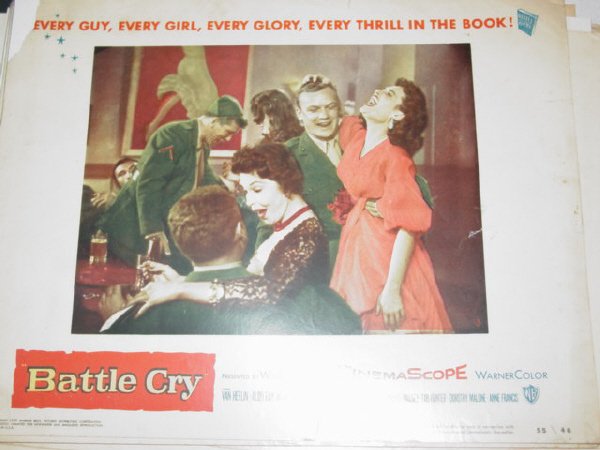Battle Cry Lobby Cards - Starring Van Heflin,: Aldo Ray, Mona Freeman, Nancy Olson. Copyrighted 1955. Cards - 3,4,6,7. with 4 having a duplicate. Condition is fair With top left corner of 3 gone, tear to 6 left edge. All laminated. 11" x 14"