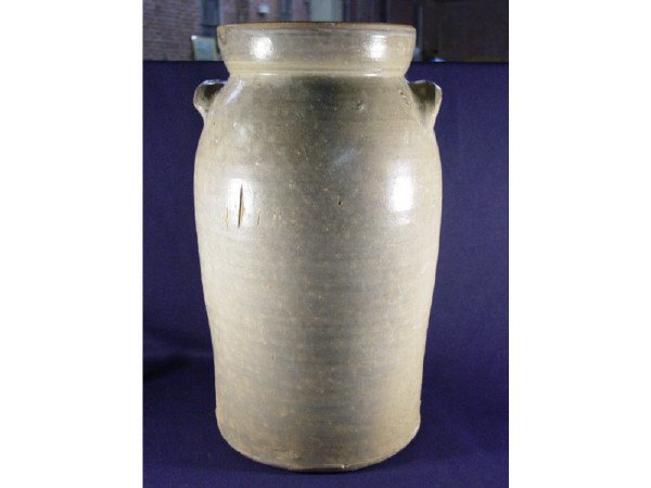 Miles Mill ? SC Pottery Company? Southern Pottery: 5 gallon Storage Jar. Knife marks on side of jar. 5 near handle18 1/4" H X 10 1/4" W. 10.00 Ebay Category Number 2766 Condition Good
