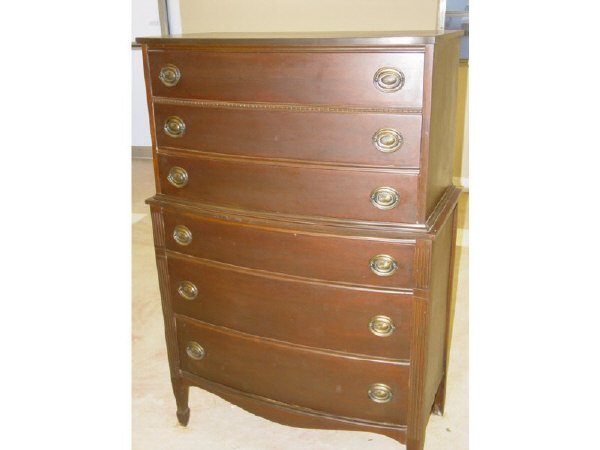 Mahogany Chest on Chest: This piece measures 54 1/4" T X 36" W X 18 1/2" D and is in good condition. It is Duncan Phyfe Style and has 6 drawers