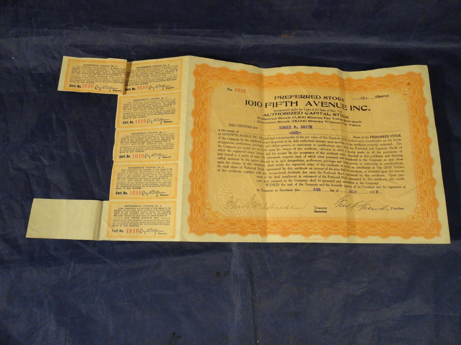 1925 1010 Fifth Avenue Inc. Stock Certificate w/coupons (1 of 4)