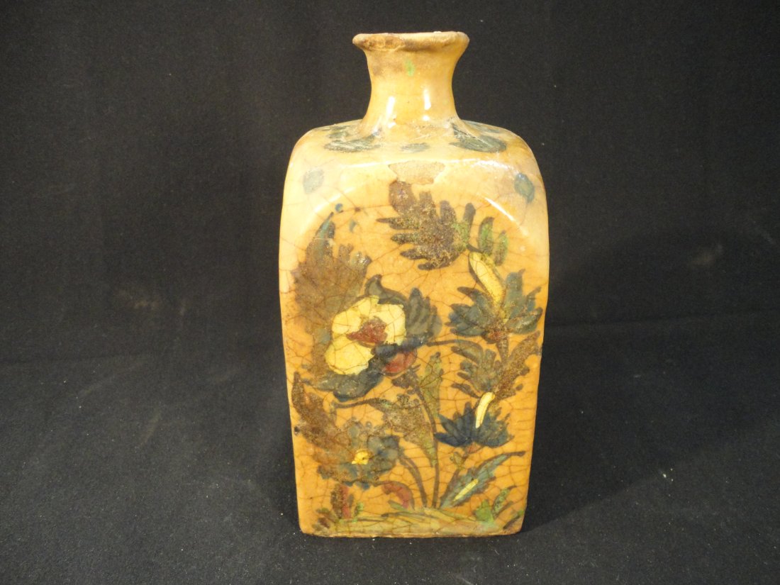 Antique Persian Earthenware Floral Ceramic Square Vase QAJAR IZNIK Handmade. (1 of 9)