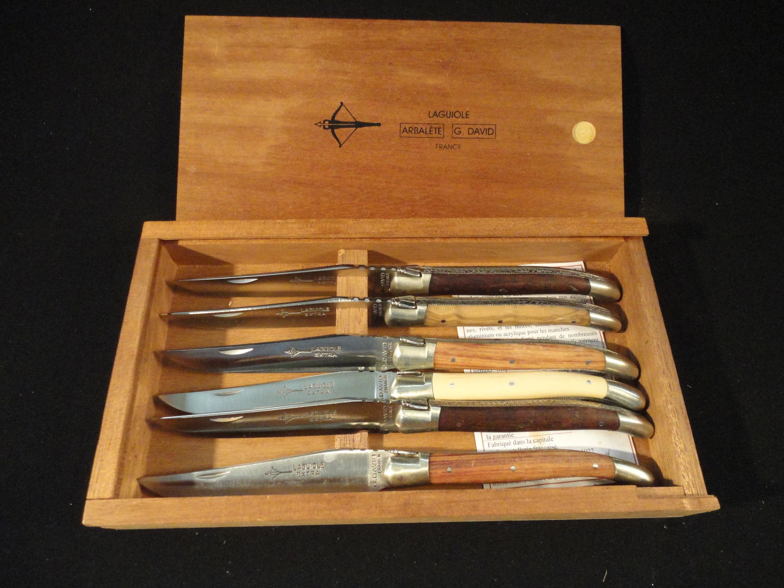 Box of 6 Table Knives Laguiole G. David "Prestige" - 6 Different Woods - Stainless Steel 12C27 (1 of 7)