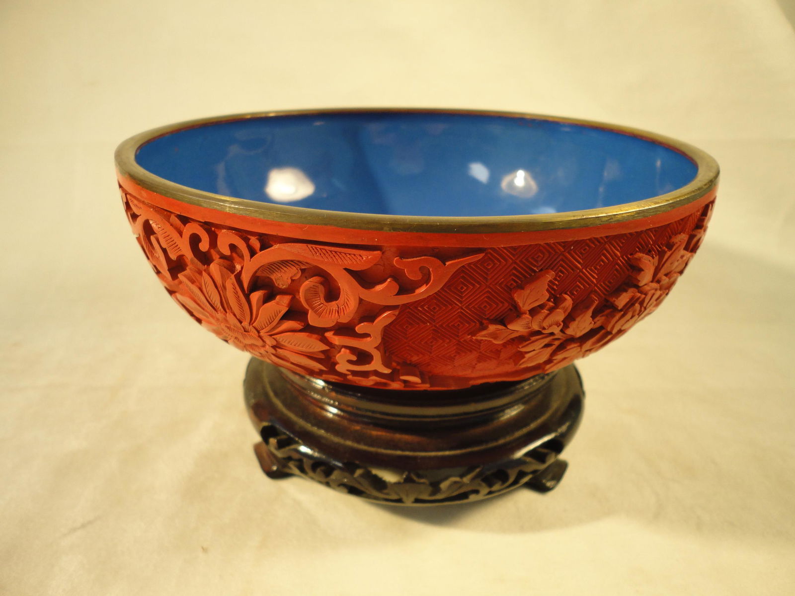 Vintage Chinese Hand Carved Cinnabar Lacquered Bowl on Copper Enamel Blue (1 of 7)