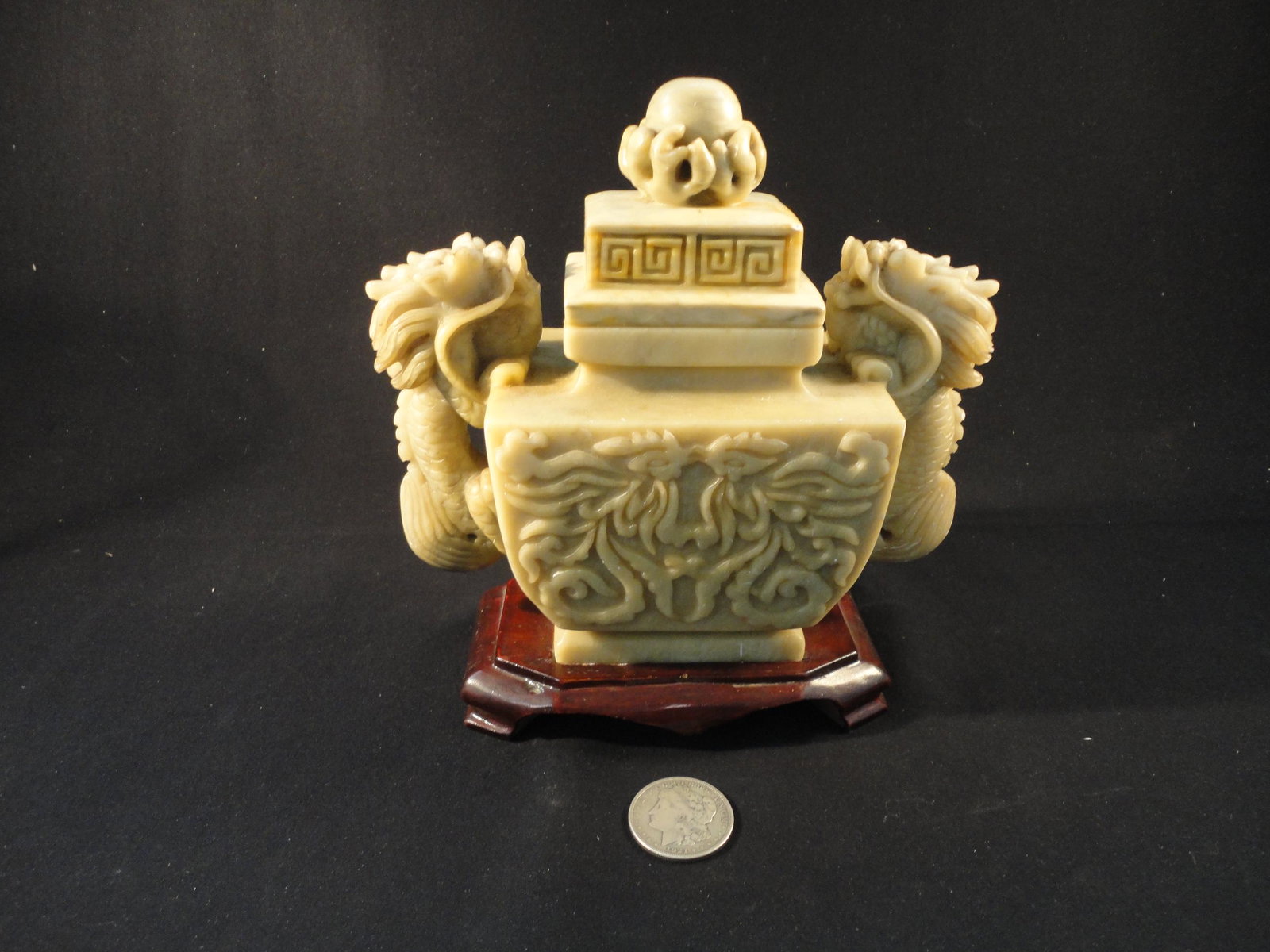 Vintage Chinese Soapstone Double Dragon Figural Covered Box on Wooden Base (1 of 8)