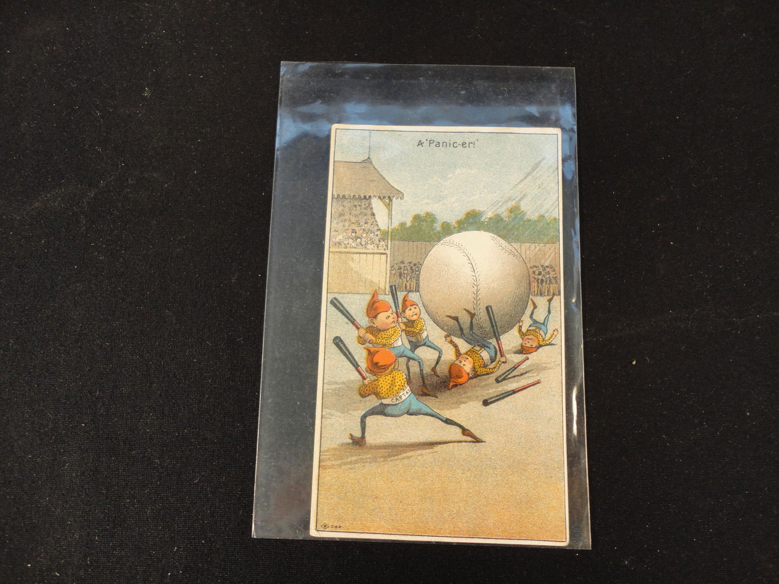 1890s Trade Card of Palmer Cox Brownies playing Baseball " A Panic-er! ": 1890s Trade Card of Palmer Cox Brownies playing Baseball " A Panic-er!". This Trade Card is in Very Good or better condition as pictured. It measures 2 7/8 inches by 4 7/8 inches. From Cosack & Co., 1